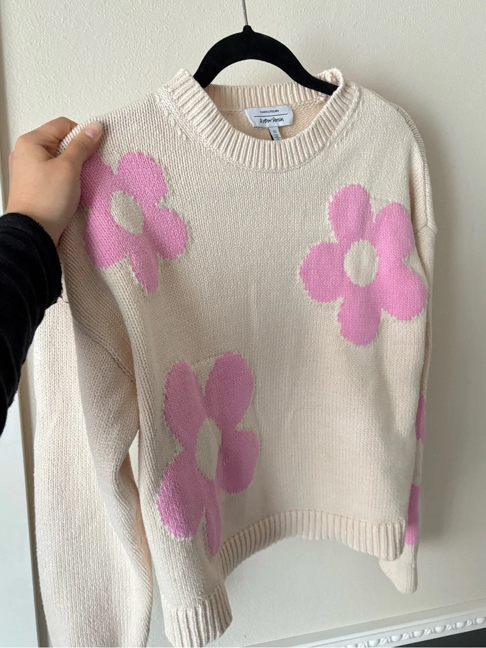 & Other Stories Cotton Cream Crewneck Sweater with Flowers Size Small - Picture 2 of 5